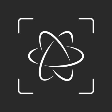 bilimsel atom sembolü, logo, basit simgesi. Beyaz nesne kamera otomatik odaklama koyu arka plan üzerinde