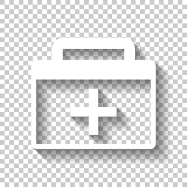 ilk yardım çantası, basit simgesi. Gölge şeffaf arka plan üzerinde beyaz simgesi