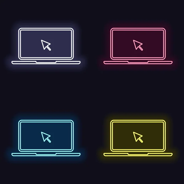 笔记本电脑或笔记本电脑 屏幕上有箭头 一套霓虹灯标志 黑暗背景上的赌场风格 无缝模式 — 图库矢量图片