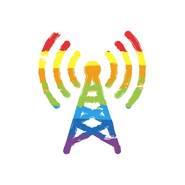 Radio tower icon. Linear style. Drawing sign with LGBT style, seven colors of rainbow (red, orange, yellow, green, blue, indigo, violet