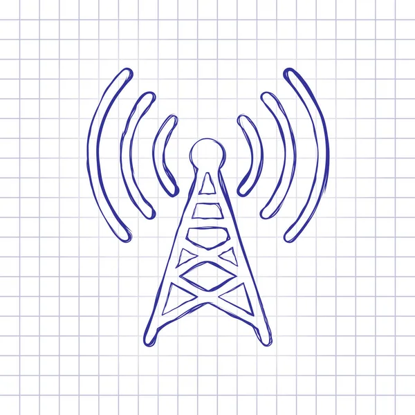 Radio tower icon. Linear style. Hand drawn picture on paper sheet. Blue ink, outline sketch style. Doodle on checkered background
