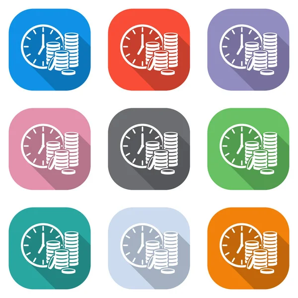 Temps Est Argent Horloge Pile Pièces Icône Finance Ensemble Icônes — Image vectorielle