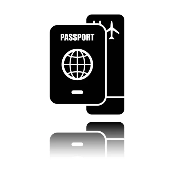 Passport Boarding Pass Air Travel Concept Black Icon Mirror Reflection — Stock Vector