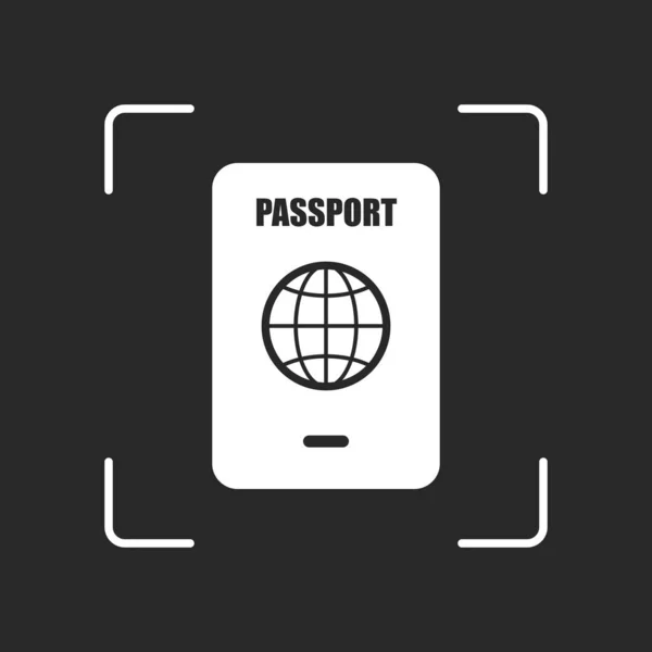 Pasaport Basit Simgesi Beyaz Nesne Kamera Otomatik Odaklama Koyu Arka — Stok Vektör