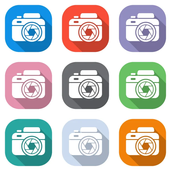Fotocamera Met Afdekking Eenvoudige Pictogram Set Witte Pictogrammen Gekleurde Vierkantjes — Stockvector