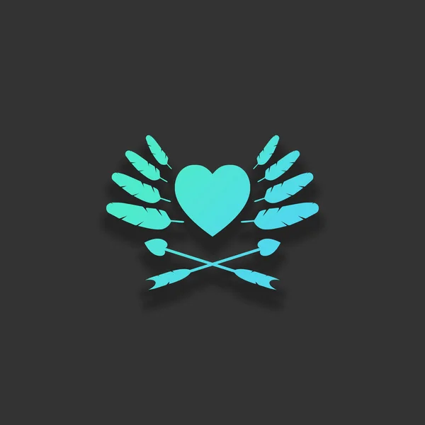 羽の矢印とバレンタインデーの未塗装のアイコン 暗い背景にソフト シャドウとカラフルなロゴのコンセプト 紺碧の海のアイコンの色 — ストックベクタ