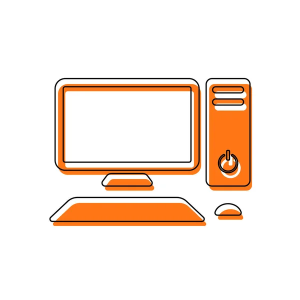 Personal computer, pc. System unit, monitor, keyboard and mouse. Isolated icon consisting of black thin contour and orange moved filling on different layers. White background