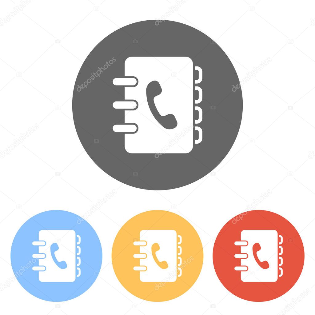 address book with phone sign on cover. simple icon. Set of white icons on colored circles