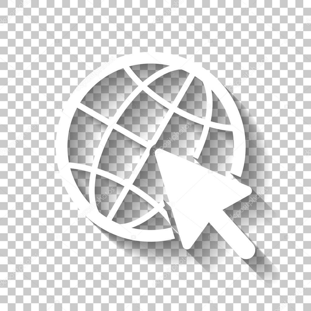 Globe and arrow icon. White icon with shadow on transparent background
