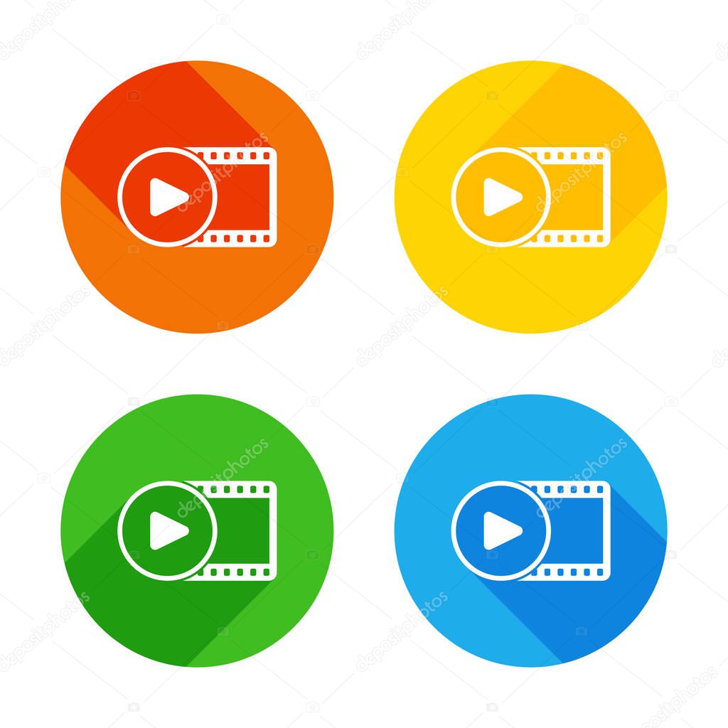 movie strip with play symbol in circle. simple silhouette. Flat white icon on colored circles background. Four different long shadows in each corners
