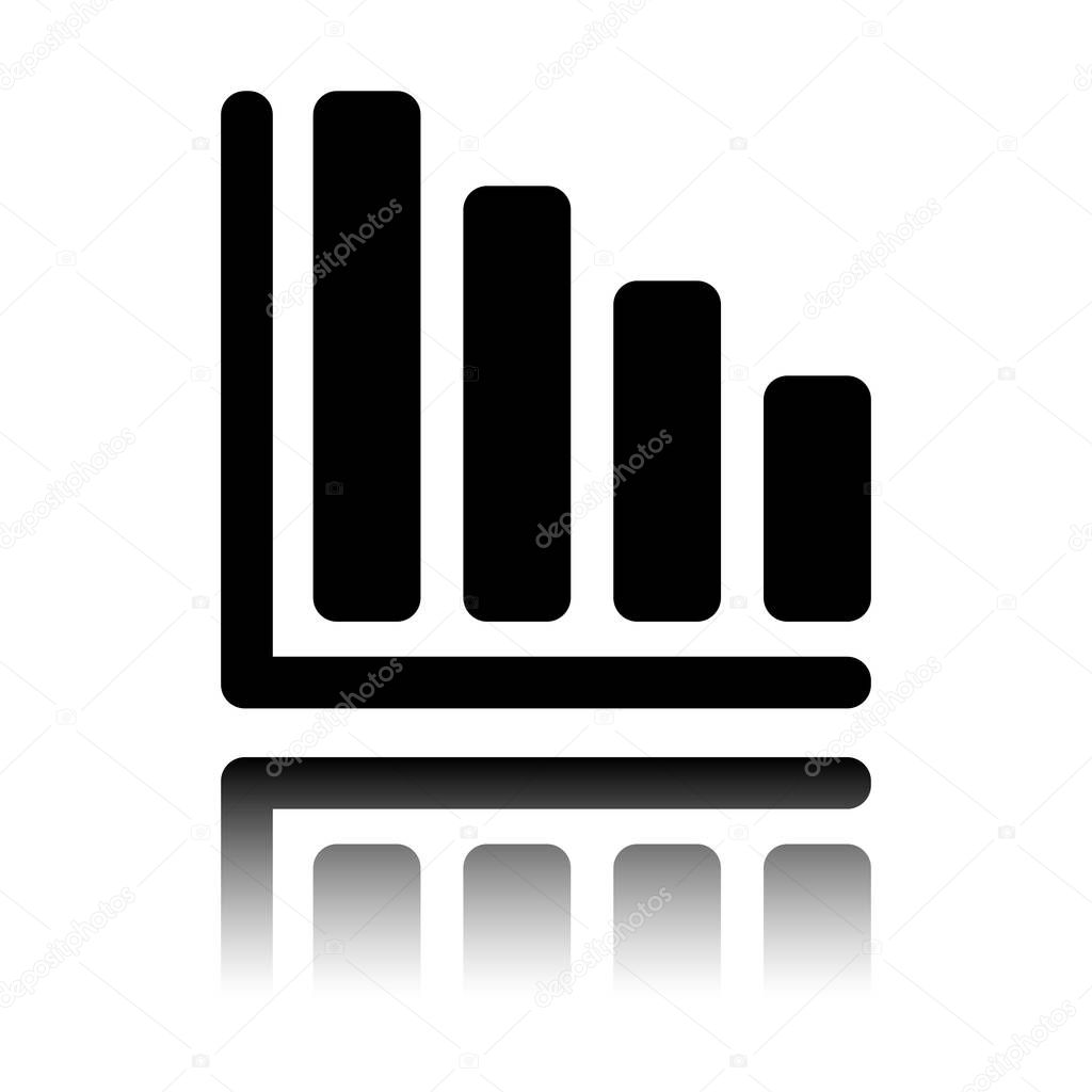 Declining graph line icon. Black icon with mirror reflection on white background