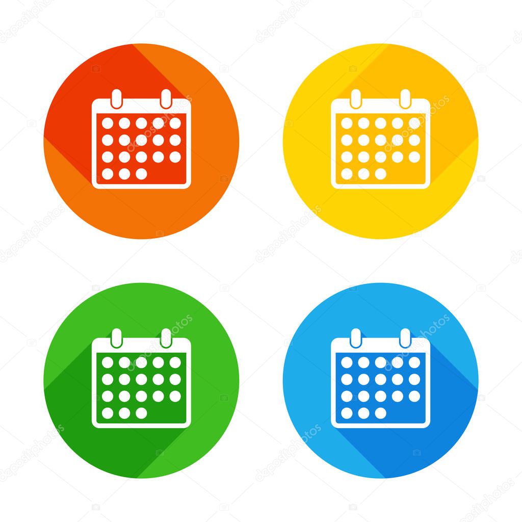 simple calendar icon. Flat white icon on colored circles background. Four different long shadows in each corners