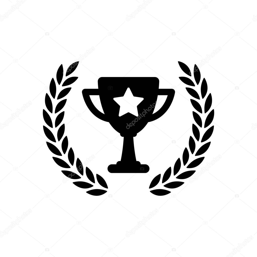 Champions cup with laurel wreath and star. Simple icon. Black on white background