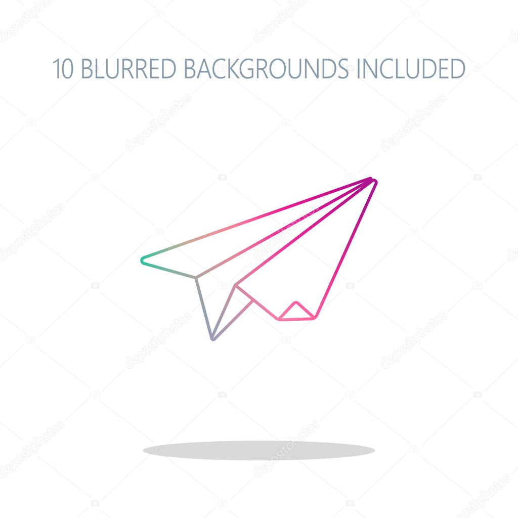Paper plane. origami glider. Colorful logo concept with simple shadow on white. 10 different blurred backgrounds included