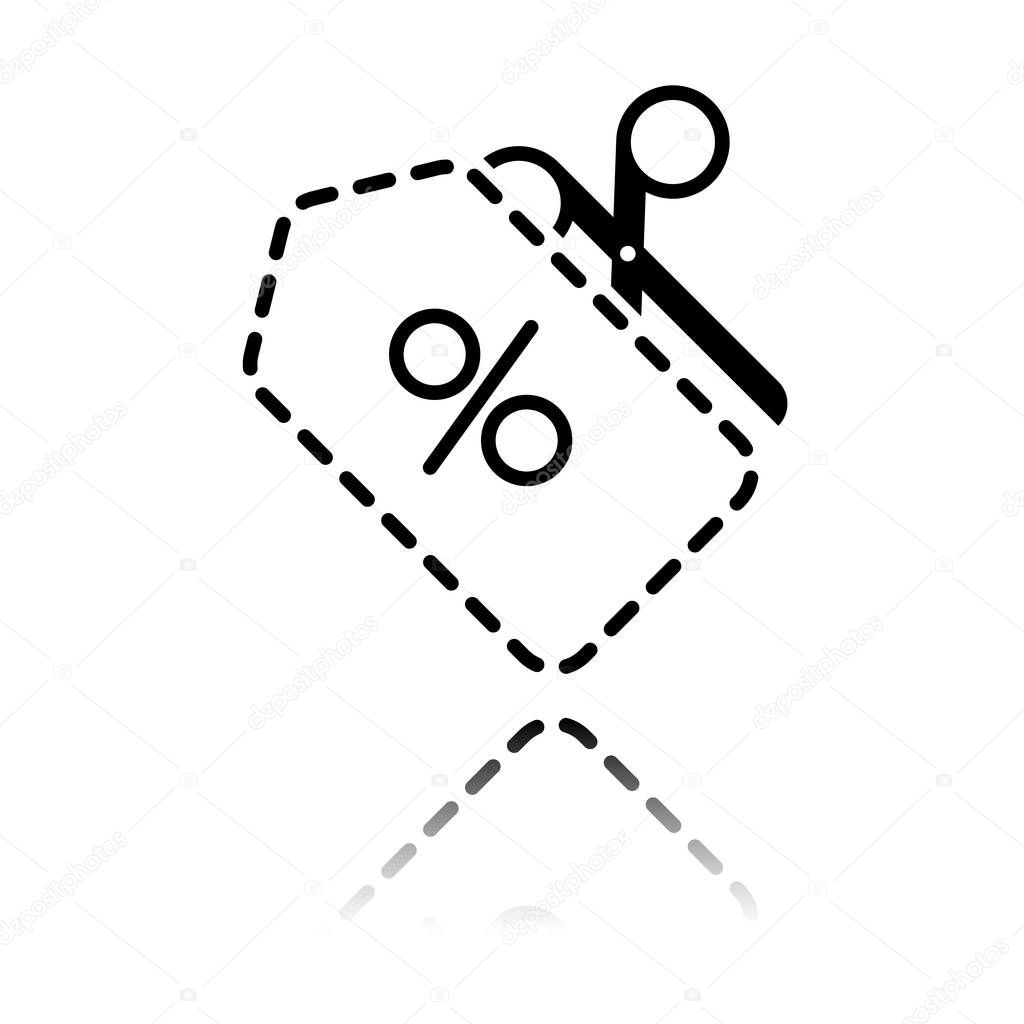 Scissors and Sale label. Simple icon. Black icon with mirror reflection on white background
