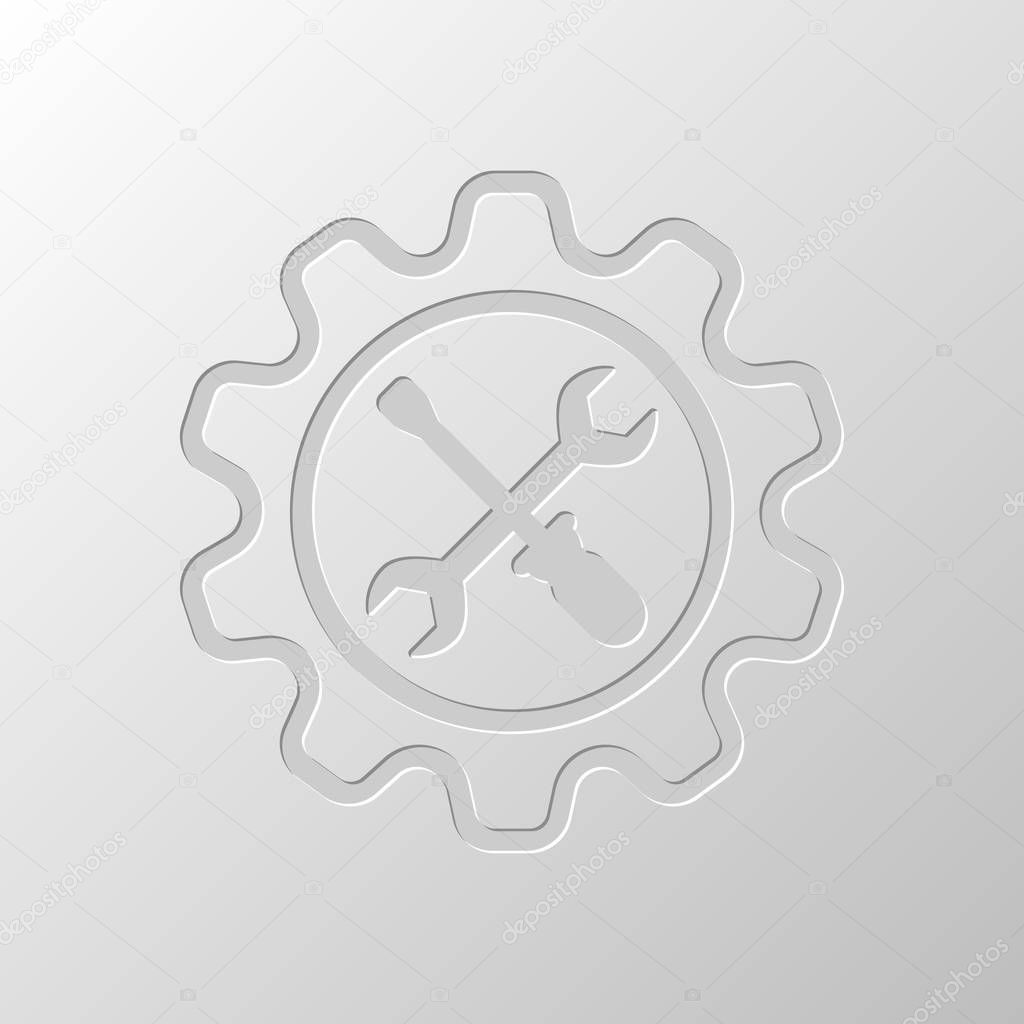 Wrench and screwdriver in gear. Paper design. Cutted symbol. Pitted style
