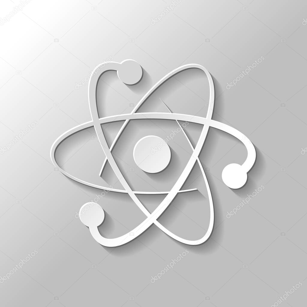scientific atom symbol, logo, simple icon. Paper style with shadow on gray background