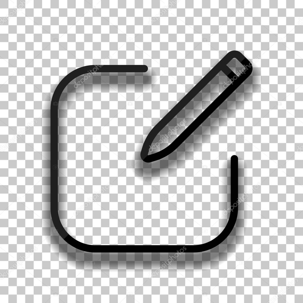 Edit icon. Square and pen. Linear, thin outline. Black glass icon with soft shadow on transparent background