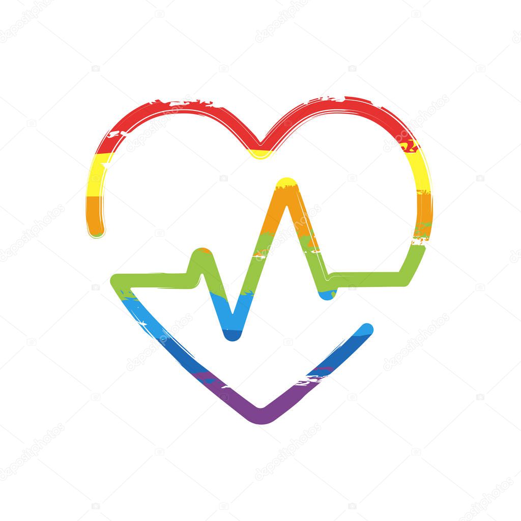 Heart and pulse line. One line style. Linear icon with thin outline. Drawing sign with LGBT style, seven colors of rainbow (red, orange, yellow, green, blue, indigo, violet