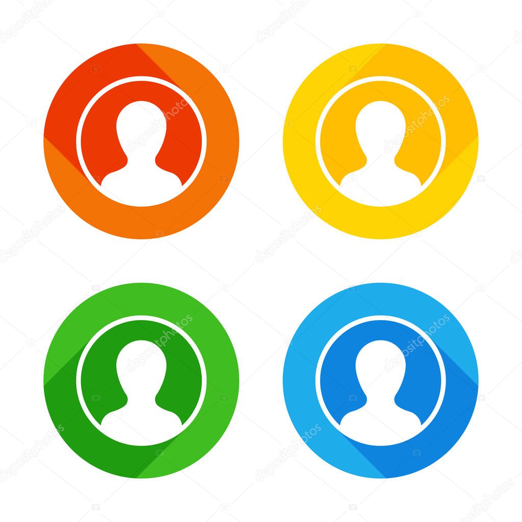 Profile, person in circle. Flat white icon on colored circles background. Four different long shadows in each corners