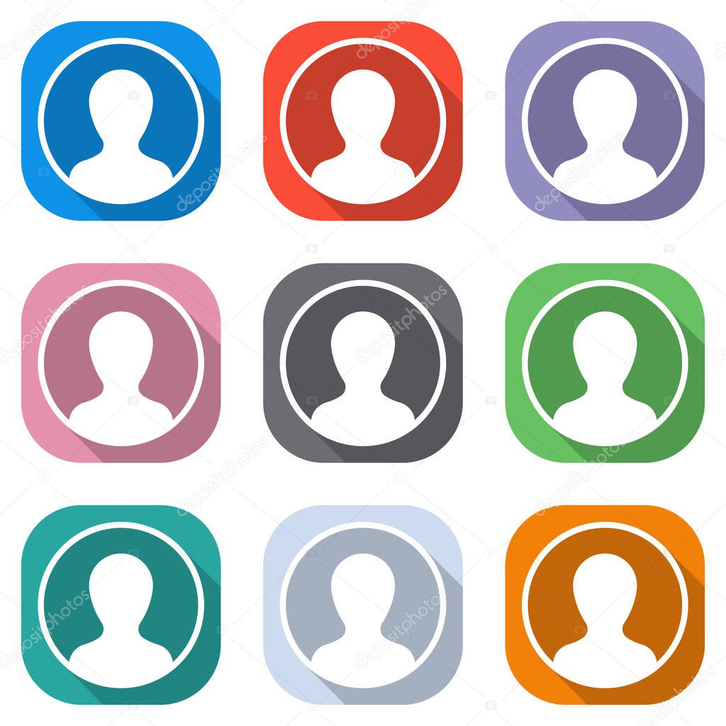 Profile, person in circle. Set of white icons on colored squares for applications. Seamless and pattern for poster