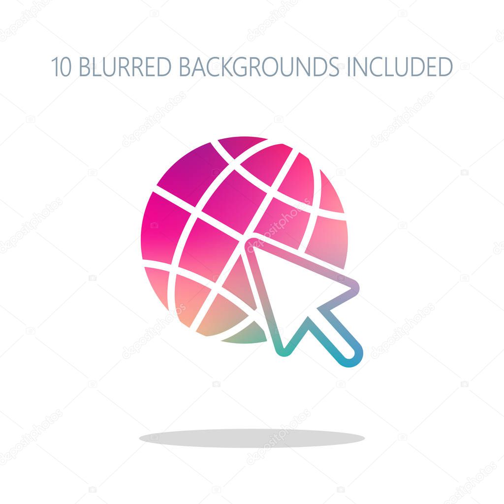 Globe and arrow icon. Colorful logo concept with simple shadow on white. 10 different blurred backgrounds included