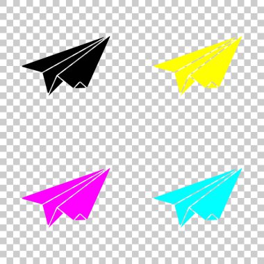 kağıt uçak. origami planör. Cmyk simgeleri şeffaf arka plan üzerinde renkli dizi