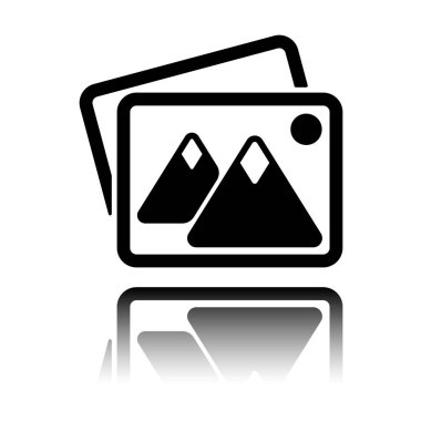 Birkaç dağlar ve güneş ile fotoğraf yığını. Basit simgesi. Siyah beyaz arka plan ayna yansıması simgesiyle