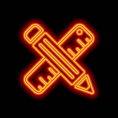 cetvel ve kalem, criss-cross basit sembolü. Siyah arka plan üzerine portakal neon tarzı. Işık simgesi