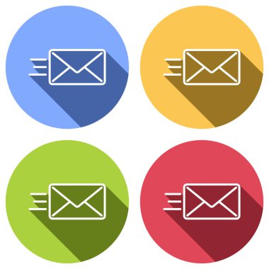 posta simgesini gönderin. SMS hattı. Mavi, turuncu, yeşil ve kırmızı renkli daireler uzun gölge ile beyaz simgeler kümesi. Etiket tarzı