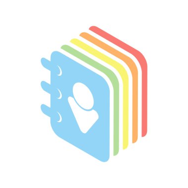 Adres defteri kapak adam simgesi olan. Beyaz arka plan üzerinde renkli izometrik simgeler yığını