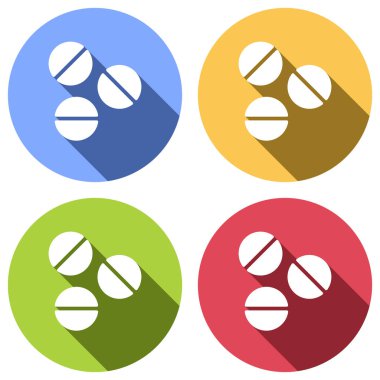 Hapları veya vitamin. Basit simgesi. Mavi, turuncu, yeşil ve kırmızı renkli daireler uzun gölge ile beyaz simgeler kümesi. Etiket tarzı