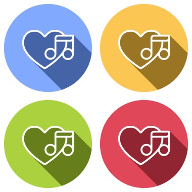 Duydum ve dikkat, favori müzik. İnce anahat ile doğrusal simgesi. Mavi, turuncu, yeşil ve kırmızı renkli daireler uzun gölge ile beyaz simgeler kümesi. Etiket tarzı