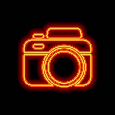Fotoğraf makinesi, basit simgesi. Siyah arka plan üzerine portakal neon tarzı. Işık simgesi