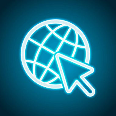 Küre ve ok simgesi. Neon tarzı. Işık dekorasyon simgesi. Parlak elektrik sembolü