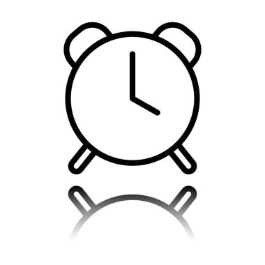 Eski çalar saat, basit simgesi, ince anahat ile doğrusal sembolü. Siyah beyaz arka plan ayna yansıması simgesiyle