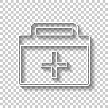 ilk yardım çantası, basit simgesi. Gölge şeffaf arka plan üzerinde beyaz anahat işaretiyle