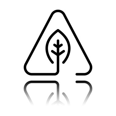 Eko yaprak uyarı üçgeni içinde. ekoloji ile sorun. Doğrusal sembolü ile ince anahat. bir çizgi stili. Siyah beyaz arka plan ayna yansıması simgesiyle