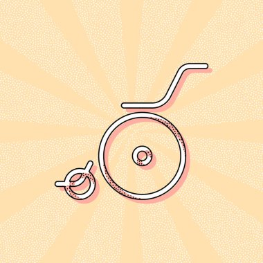 Tekerlekli sandalye. Doğrusal, ince anahat. Retro Vintage tipografi ofset baskı etkisi ile. Çizgi roman pop sanat arka plan ile nokta poster