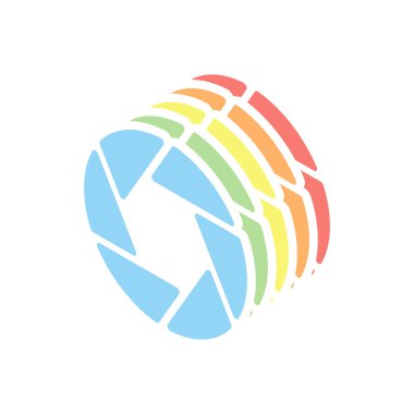 Kamera objektif. basit siluet. Beyaz arka plan üzerinde renkli izometrik simgeler yığını