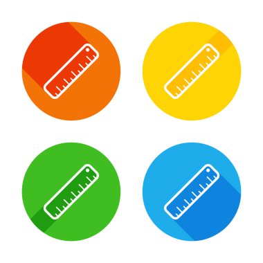 basit cetvel simgesi. Renkli daireler arka plan düz beyaz simgesi. Dört farklı uzun gölgeler her köşe