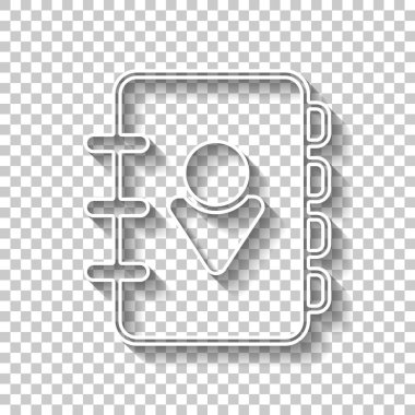 Adres defterinde kişi ile kapak. basit simgesi. Doğrusal sembolü ile ince anahat. Gölge şeffaf arka plan üzerinde beyaz anahat işaretiyle