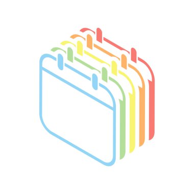 Basit takvimi, lineer, ince anahat. Beyaz arka plan üzerinde renkli izometrik simgeler yığını