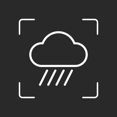 Bulut ve yağmur. Hava basit simgesi. Doğrusal tarzı. Beyaz nesne kamera otomatik odaklama koyu arka plan üzerinde