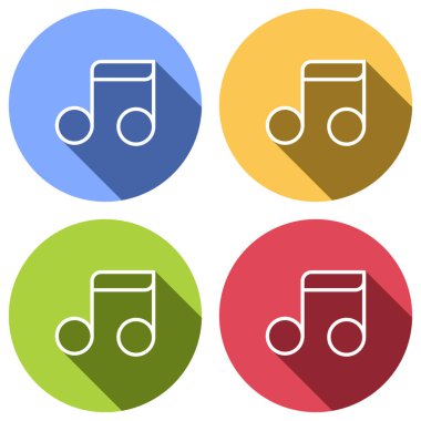 Basit müzik notu. Doğrusal simgesi, ince anahat. Mavi, turuncu, yeşil ve kırmızı renkli daireler uzun gölge ile beyaz simgeler kümesi. Etiket tarzı