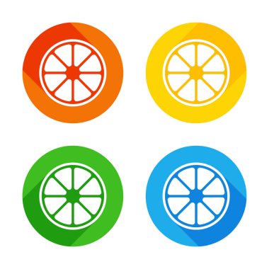 Bütün limon ya da portakal. Basit simgesi. Renkli daireler arka plan düz beyaz simgesi. Dört farklı uzun gölgeler her köşe