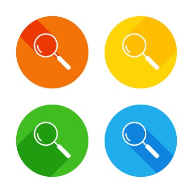 Büyüteç, arama veya büyütme. Doğrusal simgesi, ince anahat. Renkli daireler arka plan düz beyaz simgesi. Dört farklı uzun gölgeler her köşe