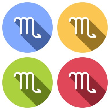 Astrolojik işaret. Akrep basit simgesi. Mavi, turuncu, yeşil ve kırmızı renkli daireler uzun gölge ile beyaz simgeler kümesi. Etiket tarzı