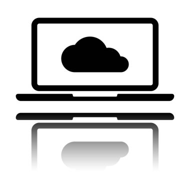 Bulut teknolojisi, bilgisayar yazılımı. Laptop ve bulut. Siyah beyaz arka plan ayna yansıması simgesiyle