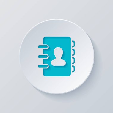 Adres defterinde kişi ile kapak. basit simgesi. Gri ve mavi katmanları ile daire kes. Kağıt tarzı